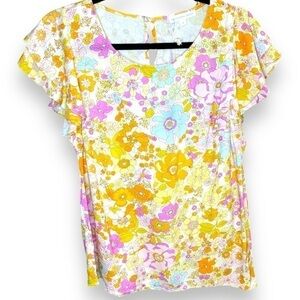 NWT Emerson Rose Yellow Pink Floral flutter Ruffle Sleeve Top - Small